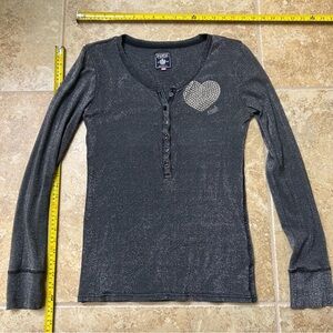 PINK Victoria's Secret Rhinestone Heart Black Silver Shimmer Long Sleeve